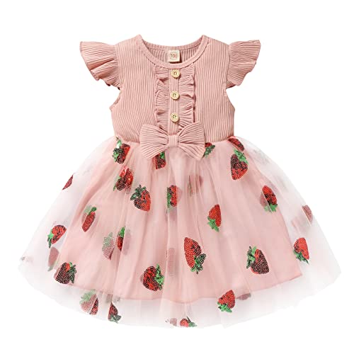 Grnshts Toddler Baby Girl Dress Ruffle Sleeve Knit Dress Tutu Dresses Princess Sundress (Pink Strawberry 2, 12-18 Months) #TOP2