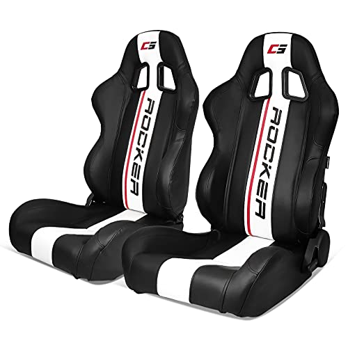 IKON MOTORSPORTS, Universal Racing Seats Pair with Dual Sliders, Black PU Leather White Stripe Reclinable Left Driver Side + Right Passenger Side
