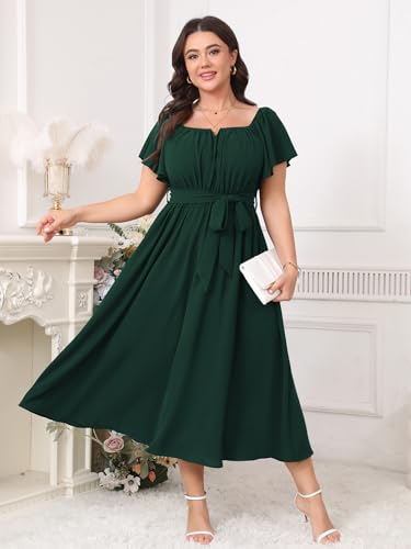 Image of SCOMCHIC Women Plus Size Maxi Dress Off The Shoulder Bridesmaid Formal Wedding Guest Belted Flowy A Line Long Dresses