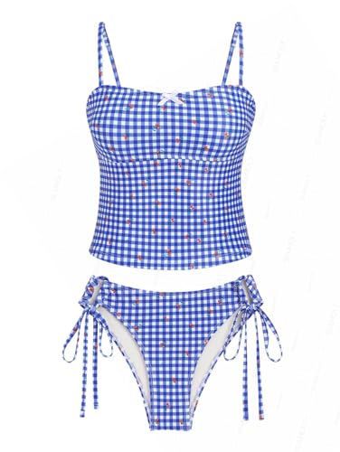seamoly Blue Gingham Cherry Print Bowknot Decor Cinched Tied Tankini Set Blue XL