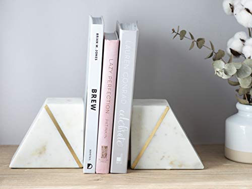Cork & Mill Marble Bookends - Set Of 2 Heavy Decorative Book Stoppers With Non-Skid Bottom - Handcrafted Solid Marble Bookshelf Decor (White + Brass) #TOP1