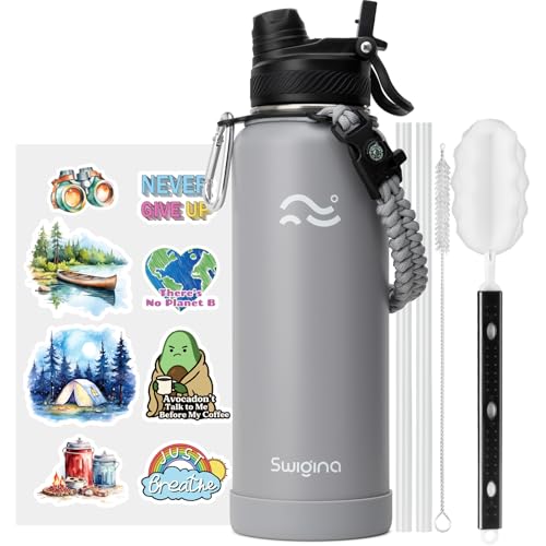 Image of Swigina [2-IN-1 LID] Insulated Water Bottle with Silicone Boot (36hrs Cold /18hrs Hot) - DIY Stickers, Leakproof, BPA Free, 40 oz