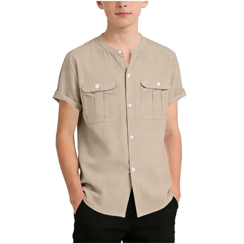 Kids Lightweight Buttno Down Linen Shirts Short Sleeve Casual Summer Loose Travel Beach Top for 5-15 Years