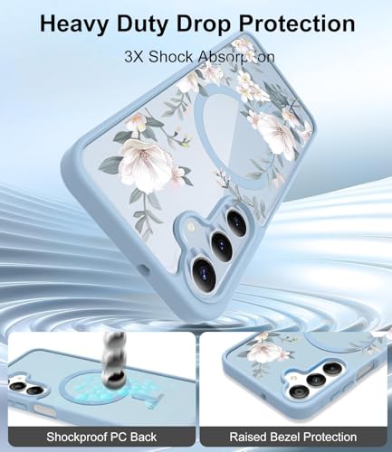 Image of VONZEE Compatible with Samsung Galaxy S24 FE 5G Case Luxury Retro Flowers Floral Clear for Magnetic Wireless Charging Case Shockproof Case PC+TPU Cute Glossy Shiny Cover for Girls Women, Official Blue