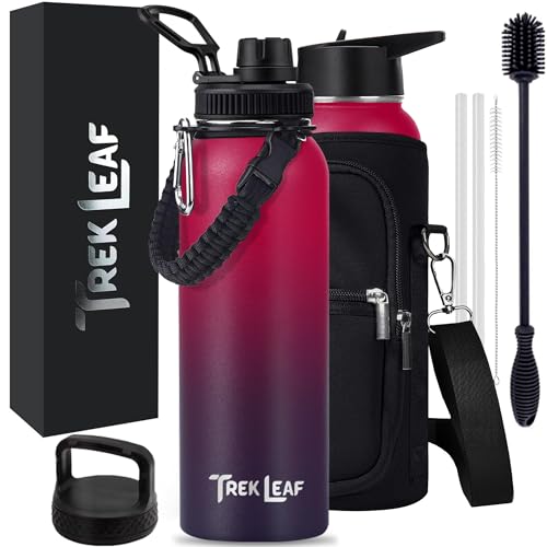 Trek Leaf Travel Water Bottle with Carrying Bag, 3 Lids (Spout, Straw, Handle), and Bottle Brush; Leak Proof, Quality, Vacuum Insulated, Stainless Steel (Mixed Berry, 40 oz)