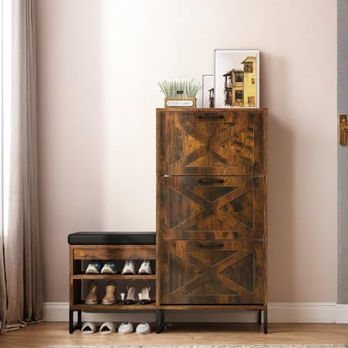 DWVO Farmhouse Shoe Cabinet with Bench, 3 Flip Drawers Shoe Cabinet for Entryway, Narrow Slim Shoe Rack Organizer for Entrance, Shoe Storage with Shoe Bench, Living Room, Hallway, Rustic Brown