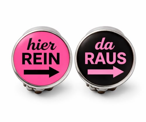 Hier rein da raus Ohrclips - lustig Spruch Spaß Gag Clip-Ohrringe Geschenk für Kinder & Damen - ohne Ohrloch - funny gift clip-on earrings (pink schwarz 12 mm)