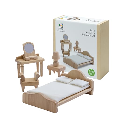 PlanToys® Wooden Victorian Bedroom Set Montessori Dollhouse Furniture Kids