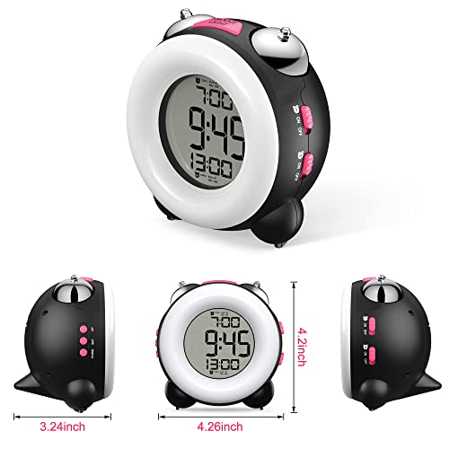 Banne Bon Loud Alarm Clock with Optional Alarm Dual Alarm Setting Snooze Function Night Light Bedside Battery Powered Clock (Black/Pink Light)