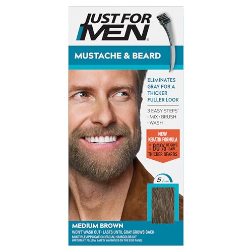 Just for Men Bart und Schnurrbart Farbgel zum Einbürsten, beseitigt graue Haare, macht grobe Gesichtsbehaarung weich und geschmeidig, M35 – Mittelbraun