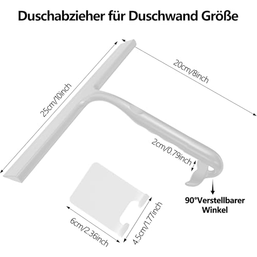 Duschabzieher | Einteiliger Silikon Abzieher Dusche mit integriertem Haken | 25 cm Saugstark & Kratzfrei für Duschwand Duschkabinen,Glas,Fliesen & Spiegel | Rutschfester Ergonomischer Griff | Grau