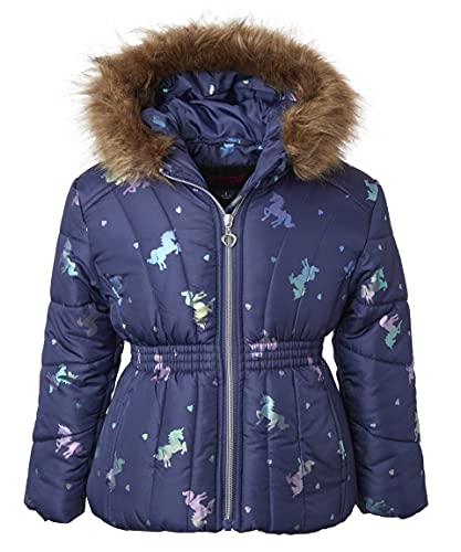 Sportoli Girl Winter Dot Heart Foil Print Puffer Jacket Coat Faux Fur Trim Hood - Navy Multi Unicorn (Size 5-6)2