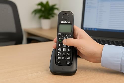 هاتف لاسلكي D1001 من ايلدل.تيك - شاشة LCD بثلاثة خطوط ومكبر صوت ومنبه ومكالمات وتسجيل المكالمات وحجب المكالمات والاتصال الداخلي والتحويل، يدعم ما يصل الى 5 مكبرات صوت، تصميم مريح، استهلاك منخفض للطاقة