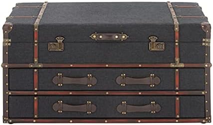 Deco 79 Linen Upholstered Trunk 2 Drawer Coffee Table with Buckle Hinged Top, 40" x 19" x 21", Dark Blue