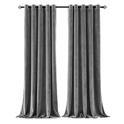 Imperial Rooms Crushed Velvet Curtains 90x90 Inch Grey Blackout Curtains for living room Super Soft Privacy Protection & Thermal Curtain 2 Panel with Matching Tiebacks