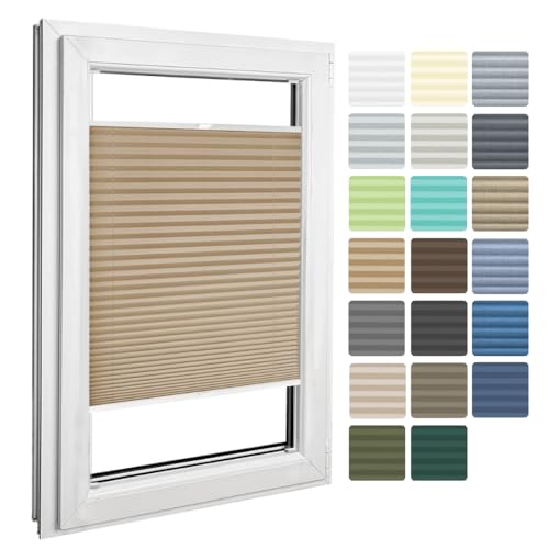 Home-Vision® Premium Plissee zum Anschrauben in der Glasleiste Innenrahmen (Beige, B85cm x H200cm) Blickdicht Plissee Jalousie mit Halterungen zum Bohren, Sonnenschutzrollo Rollo