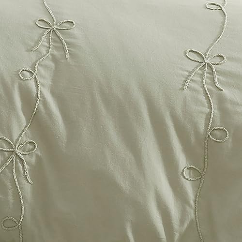 Peri Home Bow Bedding Duvet Cover Cottage Core Vintage Country 100% Cotton 3-Piece Set, Full/Queen, Green Sasha Bows