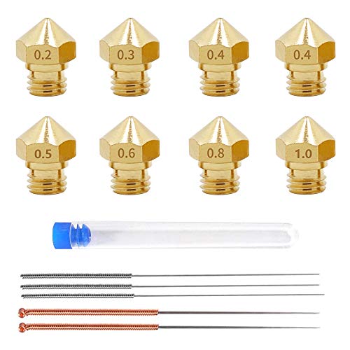 MK10 Nozzle for 3D Printer, 8Pcs M7 Brass Extruder Head Hotend Nozzles 0.2mm, 0.3mm, 0.4mm, 0.5mm, 0.6mm, 0.8mm, 1.0mm & 5pcs Cleaning Needles fit 1.75mm D4 I3