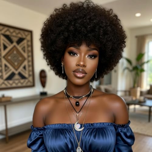 puheca Short Kinky Curly Afro Wig with Bangs Glueless for Black Women Men 70s Disco Bouncy Fluffy Puff Synthetic Heat Resistant Natural Looking Hair for Party Cosplay Daily Use 2