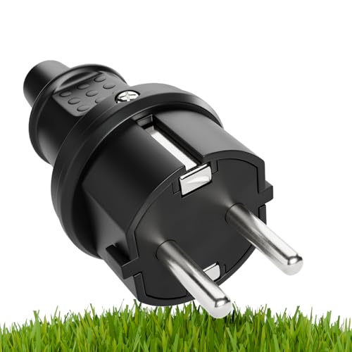 greate Schuko Stecker Aussenbereich mit Knickschutz - Schukostecker Gummi mit Zugentlastung 2-polig 230V 16A & 3 7kW - IP44 Schutzkontakt Stecker schwarz