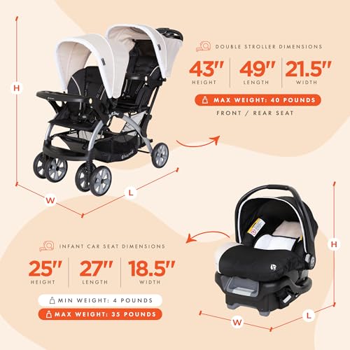 Baby Trend Infant and Toddler Double Stroller & Car Seat Combo, 2 Pc Set, Khaki - Portable and Lightweight Stroller Duo and Car Seat Travel System Tandem