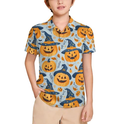 Boys' Classic Polo Shirts Short Sleeve Moisture-Wicking Golf & Tennis Shirts for Youth Teens Halloween Pumpkin Hat