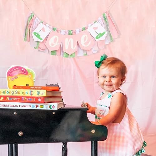 Image of Golf 1st Birthday Decorations For Girls - Hole In One High Chair Banner,Sports Themed First Birthday Photo Props,Golf Pink Green Ribbon One Banner,Baby Girl Smash Cake Backdrop
