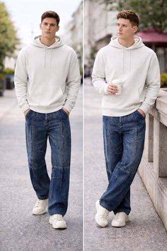 Image of Ben Martin Blue Men Jeans || Baggy Fit Denim Pants for Man || Loose Wide Leg Streetwear Jeans: || Panelled Designer Jins || Stretchable Cotton Casual Wear Pants Men: