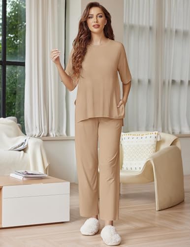Image of Ekouaer Lounge Sets for Women Short Sleeve Tops and Long Pants Soft Comfy Pajamas Set 2 Piece Outfits