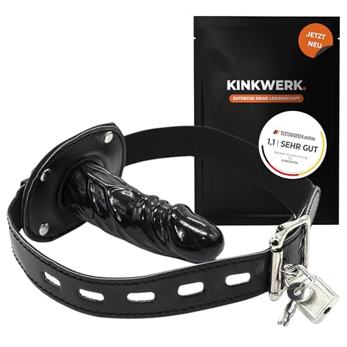 KINKWERK Mundknebel mit Silikon Dildo | Abschließbar und individuell verstellbar für Männer, Frauen und Paare | Ø 3cm, 10cm lang (schwarz)