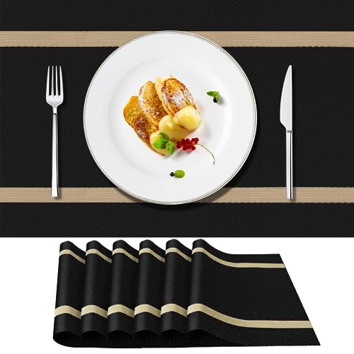 PullinTimes 6er Set Platzsets Abwaschbar,Tischsets Abwaschbar aus PVC,Hitzebeständig rutschfest Platzdeckchen Tischmatten, 30x45cm Platz-Matten für Küche(Schwarz)