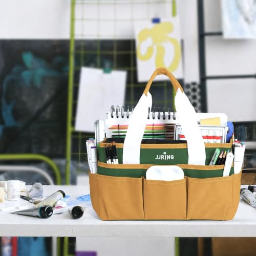 Image of JJRING Craft Organizer Tote Bag Art Storage Caddy Deep Green and Yellow | With Multiple Pockets For Sewing, Scrapbooking, School, Medical, And Office Supplies