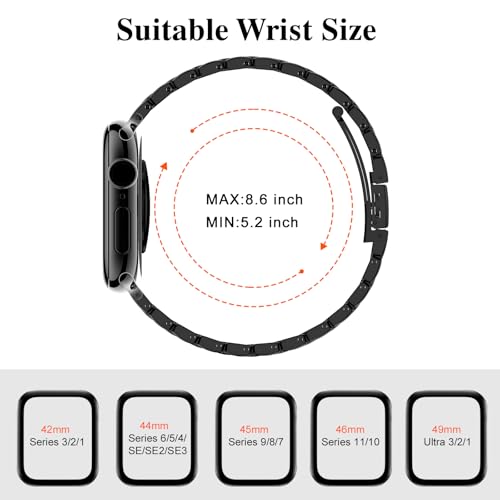 Image of Slim Metal Bands for Apple Watch 49 /46 /45 /44 /42mm(Series 3 /2 /1) | Thin Shiny Stainless Steel Strap Bands for Women, Fit iWatch Series 11 10 9 8 7 6 5 4 3 2 1 SE3 SE2 SE, Ultra 3 /2 /1, Black