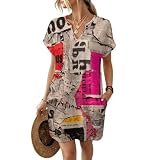 Wzsxbfsn Newspaper Print Women's V Neck Loose Fit Mini Dress with Side Insert Pockets Casual Beach Dress Medium