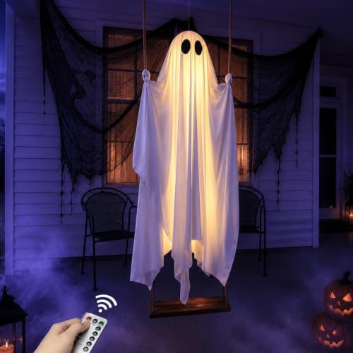 Halloween Decorations Outdoor, 6.5Ft Large Hanging Swing Ghost with Remote Control String Lights & Upgraded Sheet, Scary Ghost Halloween Party Decor Outside for Front Porch Yard Tree