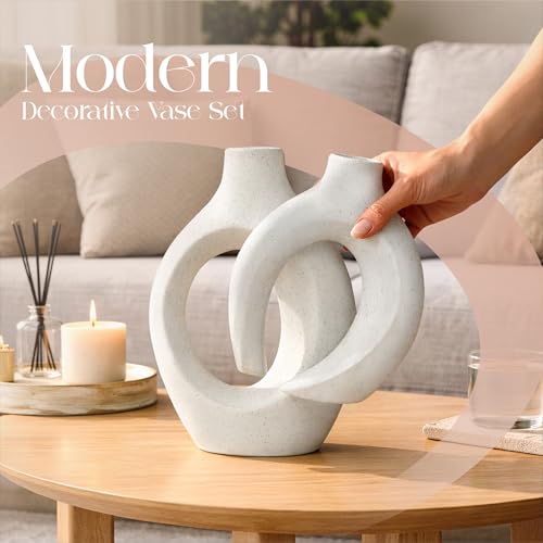 Set of 2 Elegant Donut Style Ceramic Vases – Boho Nordic Romantic Hugging Flower Decorative Vases for Pampas Grass, Bedroom, Living Room, Mantle, Book Shelf, Entryway Table 8.4 Inch Beige - Image 5