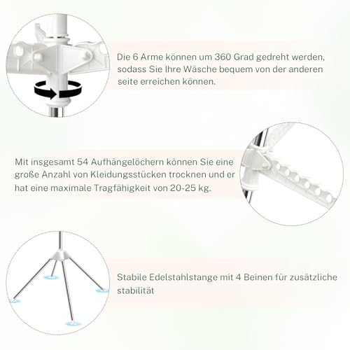 Hafuvool Wäscheständer Balkon, Leicht zu montierende Camping Wäschespinne Draußen, 2-stöckiger wäscheturm mit 6 drehbaren Armen, platzsparender Standtrockner 160cm hoch turmwäscheständer klappbar