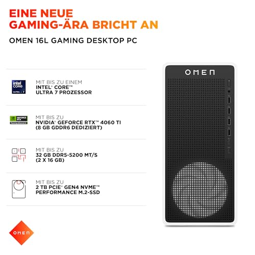 Omen 16L Gaming Desktop PC, Intel Core Ultra 5 225F, 16 GB DDR5 RAM, 1 TB SSD, NVIDIA GeForce RTX 5060 Ti, Windows 11 Home, RGB-Beleuchtung, Weiß