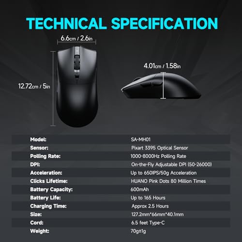 Image of RAWM MH01 Wireless Lightweight Gaming Mouse, PAW3395 Optical Sensor, 26000 DPI, 600mAh Rechargeable Battery, 7 Programmable Buttons, Dual-Driver Gaming Mice for PC /Laptop /Mac