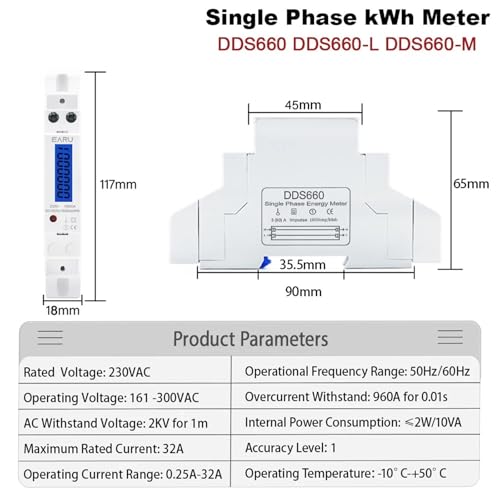 Wattmètre monophasé rail Din 1P 230V, compteur d'énergie LCD kWh DDS660