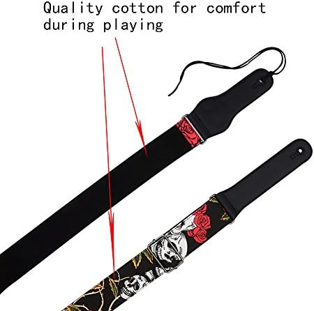 Rayzm Guitar Strap/Bass Strap, Cotton Belt for Acoustic/Electric/Bass Guitar with Plectrum Picks Pocket, Beautiful Rose with Cool Skull Pattern, 5cm Wide,Metal Buckle, Adjustable Length