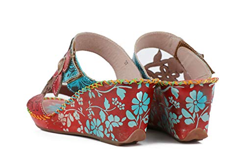 Crazycatz Leather Wedge Slide Sandals,Women Leather Bohemian Colorful Slide Sandal (Red, 9) #TOP5