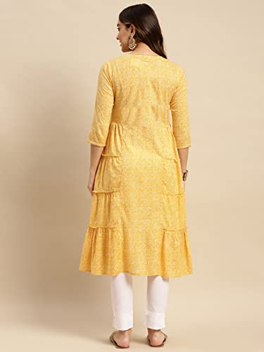Image of rangita Cotton Calf Length Printed Tiered Flared Kurti for Women | Kurta for Women