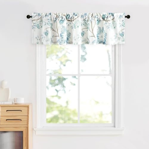 Leeva Decorative Window Valances, Light Filtering Linen Look Washable Valance Curtains for Living Room, Rod Pocket Blue Flower Curtain Drapes for Bedroom, 60 Inches Wide, 60 x 14, 1 Panel