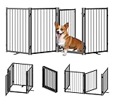 SNUOWU Full Metal Freestanding Dog Gate with Door, 24'' Height Foldable Pet Dog Fence for Indoor & Outdoor, 4 Panels Extra Wide Free Standing SmallDog Gates for Doorways,House,Stairs,Porch,Deck,Yard