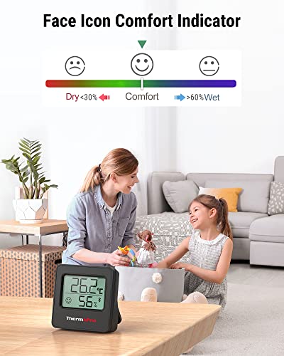 ThermoPro TP357B 80m Bluetooth Hygrometer Innen Thermometer für Innenräume mit APP Mini Luftfeuchtigkeitsmesser mit Smiley-Indikator Datengrafik für Büro, Weinkeller, Gewächshaus Schwarz