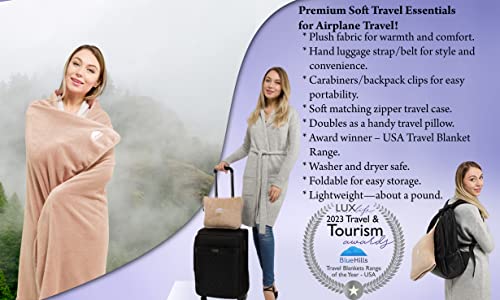 Bluehills 2-Pack Premium Soft Plush Travel Blanket Pillow Airplane Essentials For Two In Bag With Hand Luggage Strap And Backpack Clip Compact Flight Traveling Accessories Plane Blankets Beige T205 #TOP1