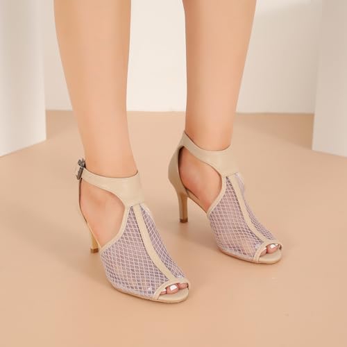 MAIERNISI JESSI Womens Mesh Kitten Heel T-Strap Sandals Round Peep Toe Buckle Ankle Strap Dressy Summer Shoes2