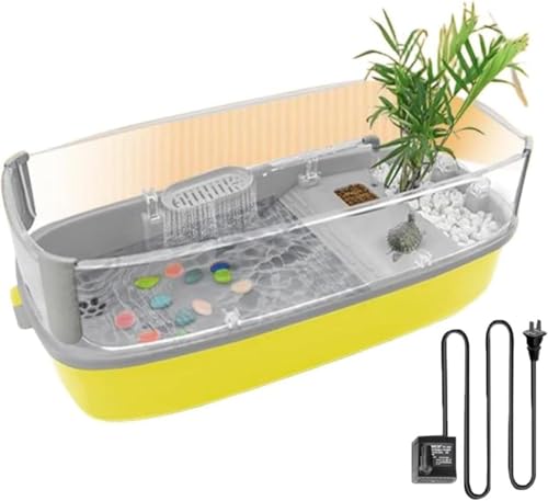 Joxoilso 亀 水槽 大きい カメ用水槽 シャワー式 水循環ろ過システム 両生飼育箱 亀ケージ 脱出防止 亀の楽園 亀 リクガメ 半水棲ガメ ボックス 排水孔 フィルターポンプ付き 爬虫類 両生類用 ケージ カメ生息地 亀の飼育 (S,黄色)