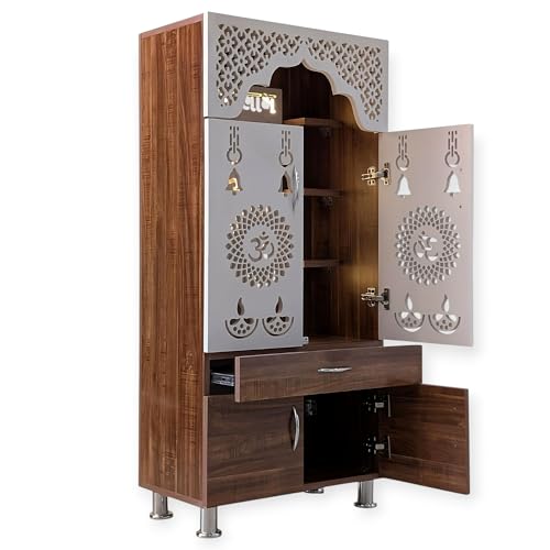 Image of SHLOK Temple for Home /Pooja Mandir with LED Light /Cyprus Medium & White Color Engineered Wood Home Temple (Height: 130, Pre-Assembled)